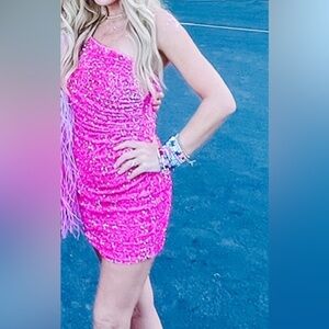 Pink sparkle one shoulder mini dress